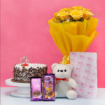 yellow roses chocolates teddy blackforest cake