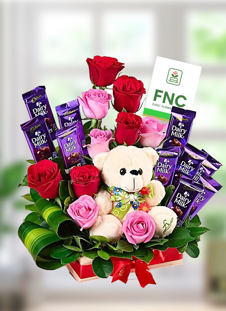 doll-chocolate-basket Chocolate N Flower Arrangement with Teddy - Image 1
