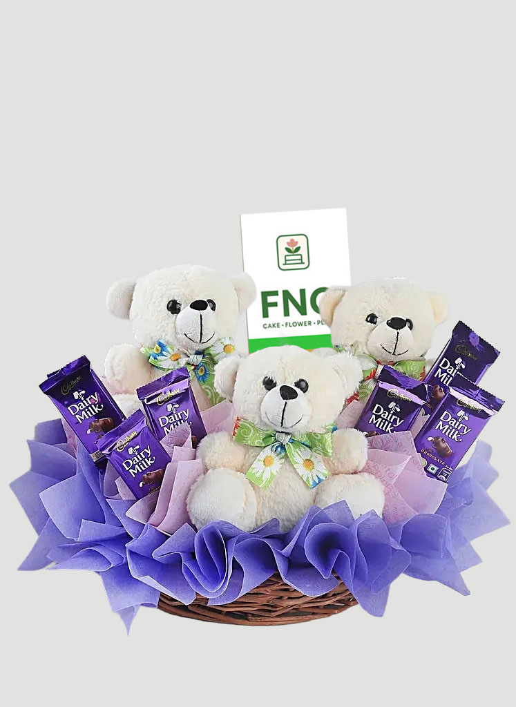 doll-n-chocolate-basket Teddy & Dairy Milk Arrangement - Image 1