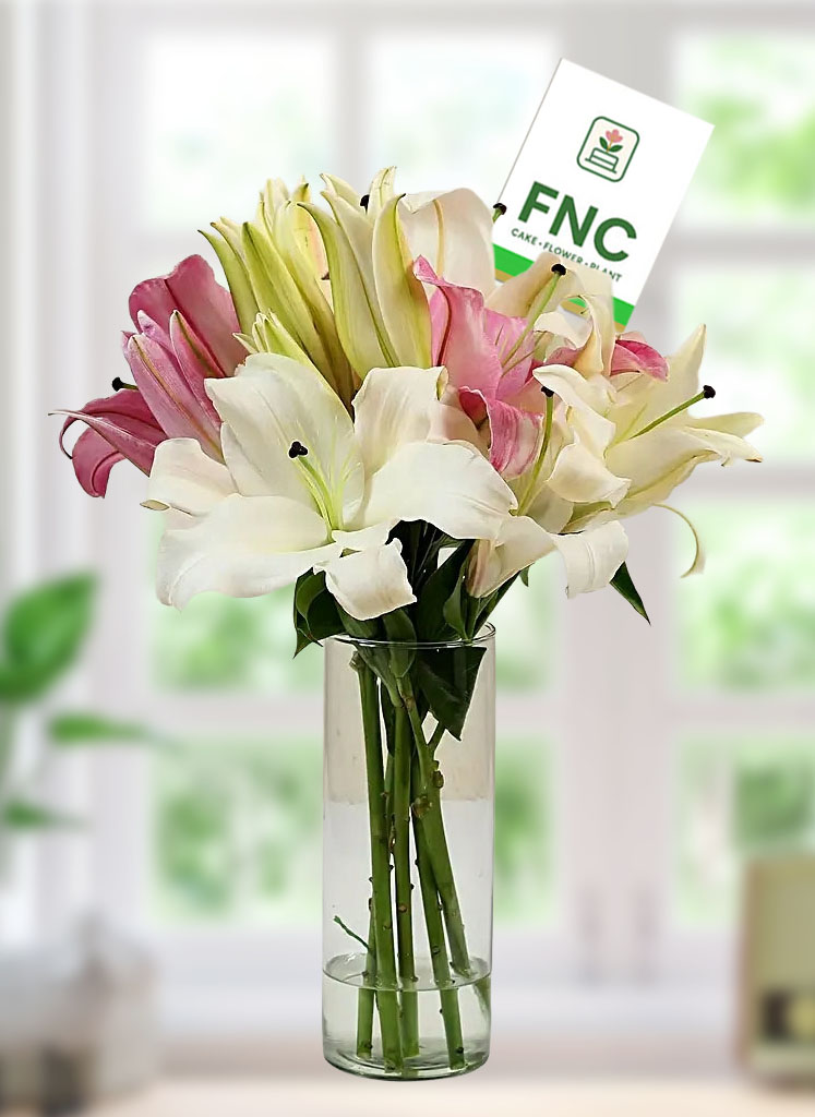 lily-in-vase Pink & White Oriental Lilies in Glass Vase - Image 1