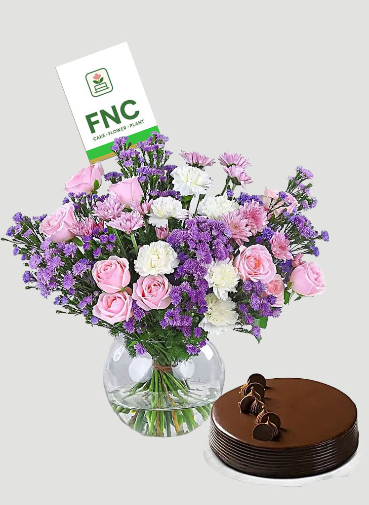 mixed-flowers-glass-vase-combo Mixed Flower Vase with Cake Combo - Image 1